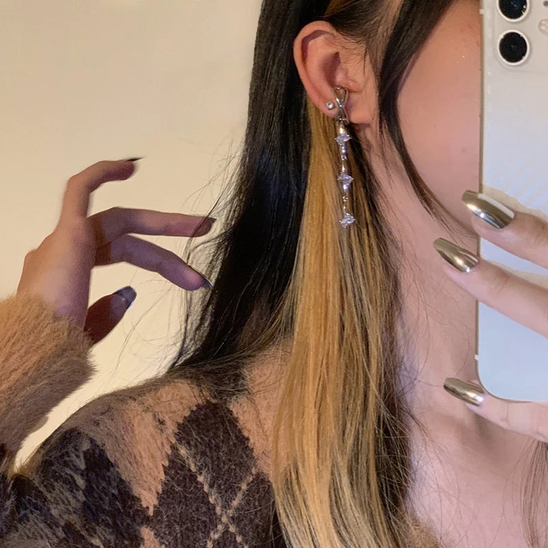 Korean Fashion Zircon Long Clip Earrings for Women Silver Color No Piercing Cartilage Jewelry