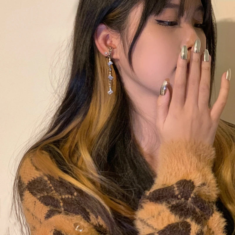 Korean Fashion Zircon Long Clip Earrings for Women Silver Color No Piercing Cartilage Jewelry