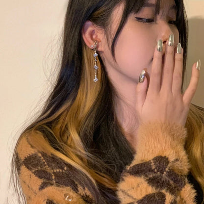 Korean Fashion Zircon Long Clip Earrings for Women Silver Color No Piercing Cartilage Jewelry