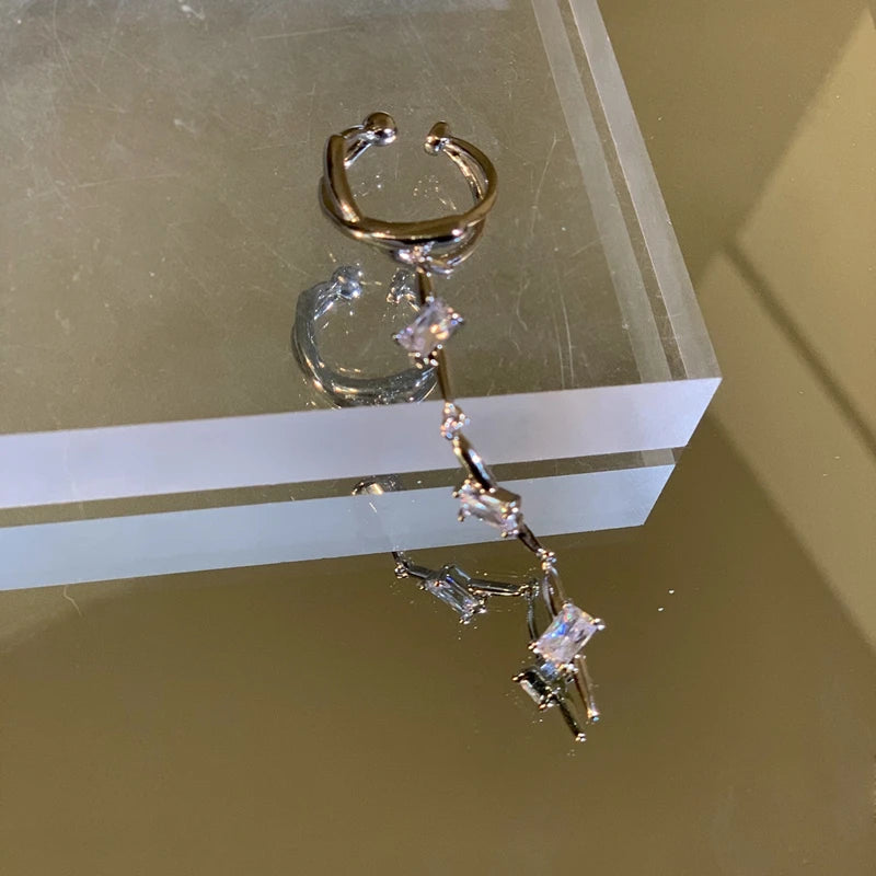 Korean Fashion Zircon Long Clip Earrings for Women Silver Color No Piercing Cartilage Jewelry