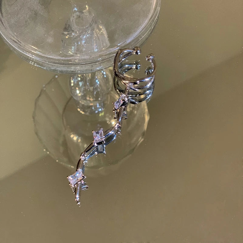 Korean Fashion Zircon Long Clip Earrings for Women Silver Color No Piercing Cartilage Jewelry