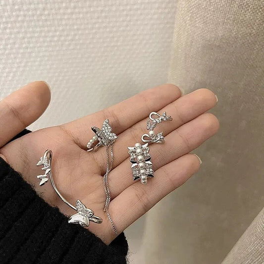 Korean Delicate Zircon Butterfly Clip Earrings for Women Elegant Pearl No Piercing Cartilage Jewelry