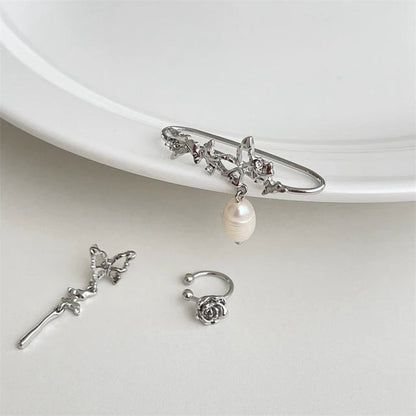 Korean Delicate Zircon Butterfly Clip Earrings for Women Elegant Pearl No Piercing Cartilage Jewelry