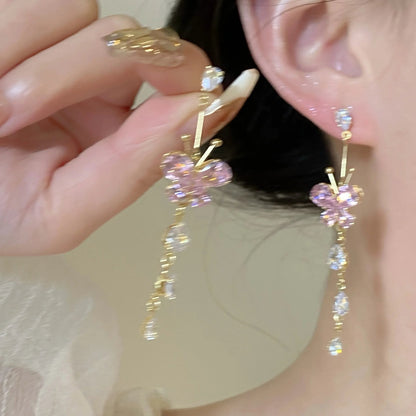Pink Butterfly Tassel Dangle Earrings with Zirconia for Women and Girls - Delicate Flower Pendientes Jewelry