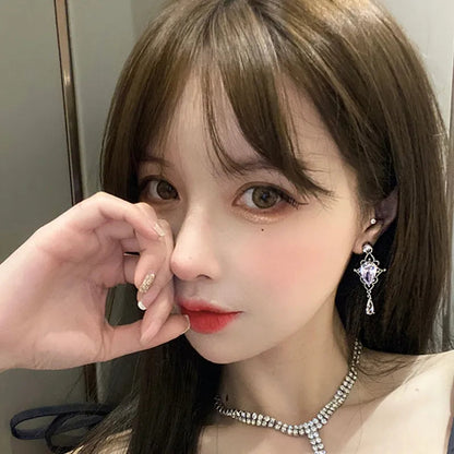 Korean Baroque Shiny Waterdrop Crystal Drop Earrings for Women and Girls in Silver Color