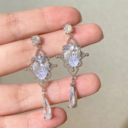 Korean Baroque Shiny Waterdrop Crystal Drop Earrings for Women and Girls in Silver Color