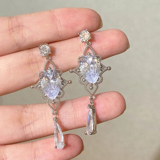 Korean Baroque Shiny Waterdrop Crystal Drop Earrings for Women and Girls in Silver Color