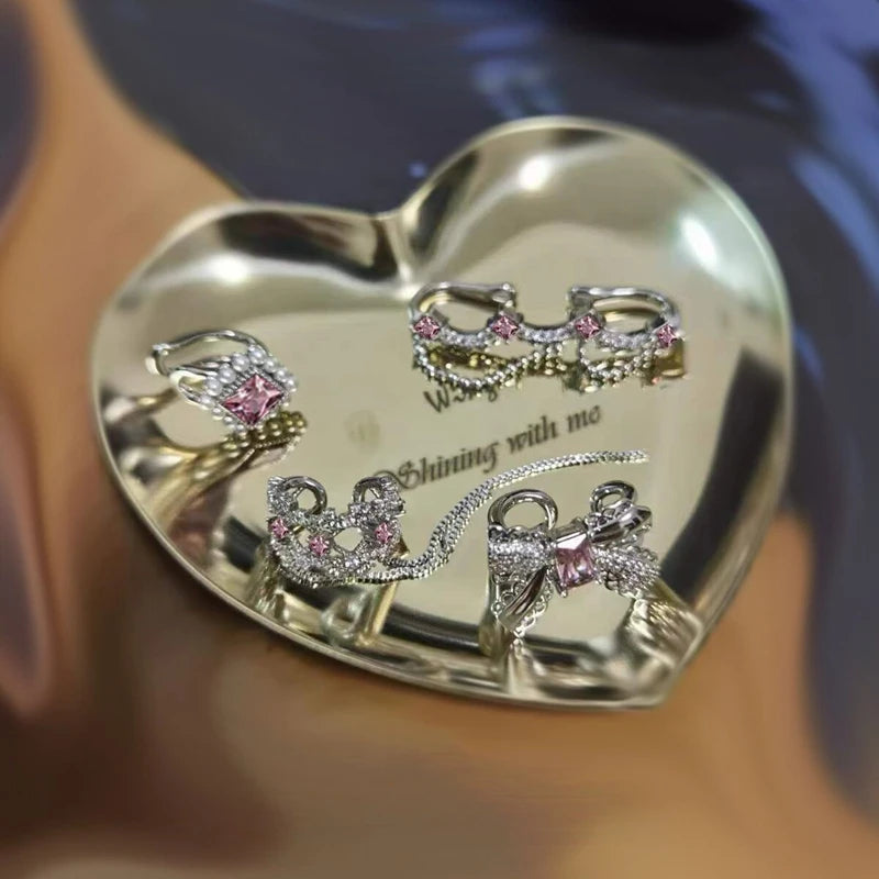 Korean Pink Crystal Bowknot Clip Earrings for Women Elegant Pearl Zircon No Piercing Cartilage Jewelry