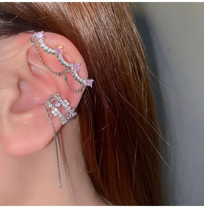 Korean Pink Crystal Bowknot Clip Earrings for Women Elegant Pearl Zircon No Piercing Cartilage Jewelry