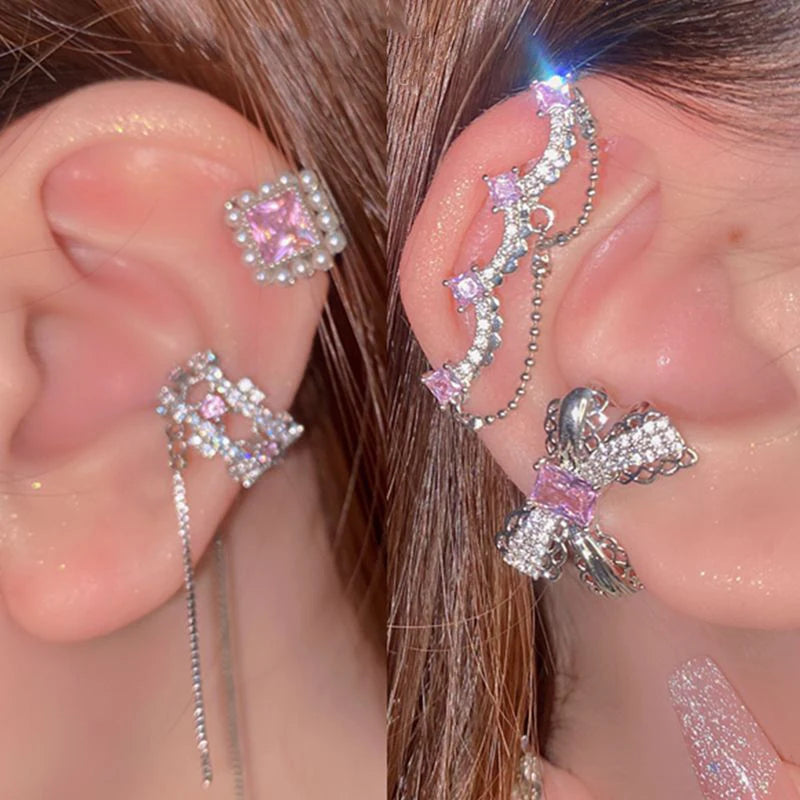 Korean Pink Crystal Bowknot Clip Earrings for Women Elegant Pearl Zircon No Piercing Cartilage Jewelry