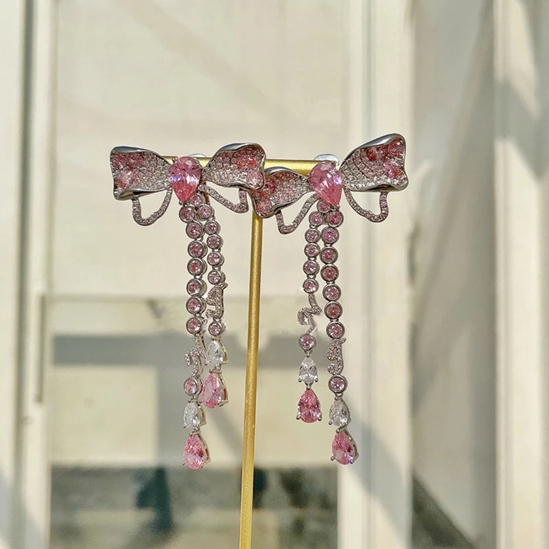 Korean Luxury Elegant Pink Crystal Bowknot Drop Earrings for Women and Girls Fashion Rhinestone Long Jewelry