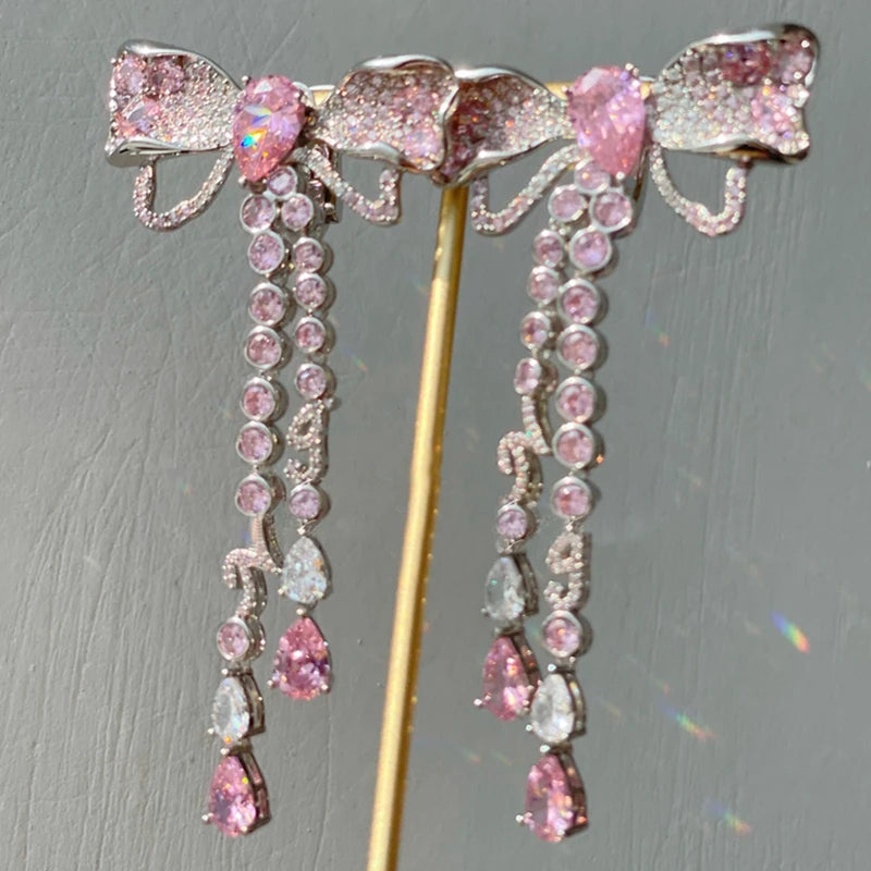 Korean Luxury Elegant Pink Crystal Bowknot Drop Earrings for Women and Girls Fashion Rhinestone Long Jewelry