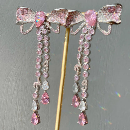 Korean Luxury Elegant Pink Crystal Bowknot Drop Earrings for Women and Girls Fashion Rhinestone Long Jewelry