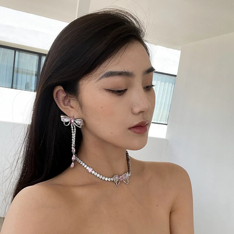 Korean Luxury Elegant Pink Crystal Bowknot Drop Earrings for Women and Girls Fashion Rhinestone Long Jewelry
