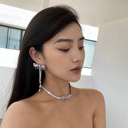 Korean Luxury Elegant Pink Crystal Bowknot Drop Earrings for Women and Girls Fashion Rhinestone Long Jewelry