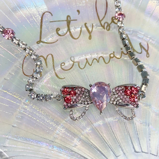 Korean Luxury Elegant Pink Crystal Bowknot Drop Earrings for Women and Girls Fashion Rhinestone Long Jewelry