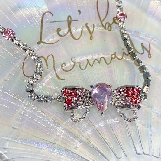 Korean Luxury Elegant Pink Crystal Bowknot Drop Earrings for Women and Girls Fashion Rhinestone Long Jewelry