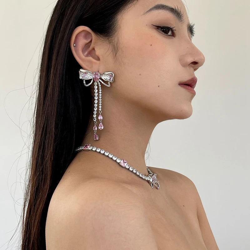 Korean Luxury Elegant Pink Crystal Bowknot Drop Earrings for Women and Girls Fashion Rhinestone Long Jewelry