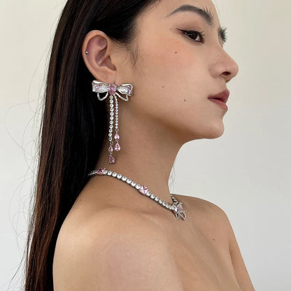 Korean Luxury Elegant Pink Crystal Bowknot Drop Earrings for Women and Girls Fashion Rhinestone Long Jewelry
