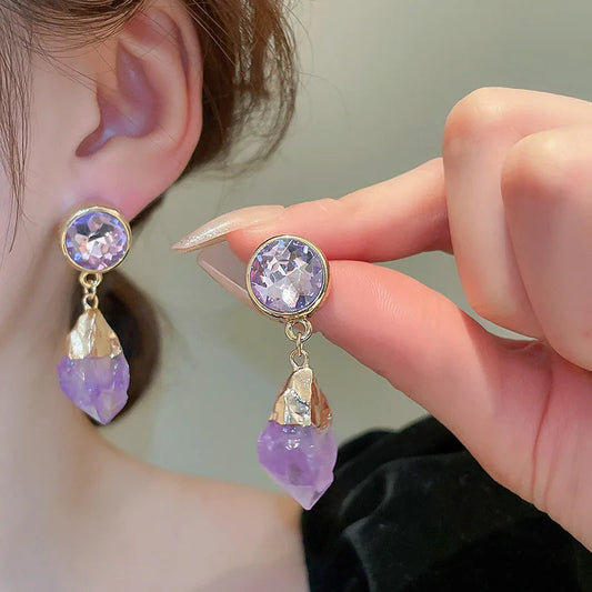 Lizakosht Retro Purple Round Crystal Irregular Dangle Earrings for Women Girls Modern Aretes De Mujer