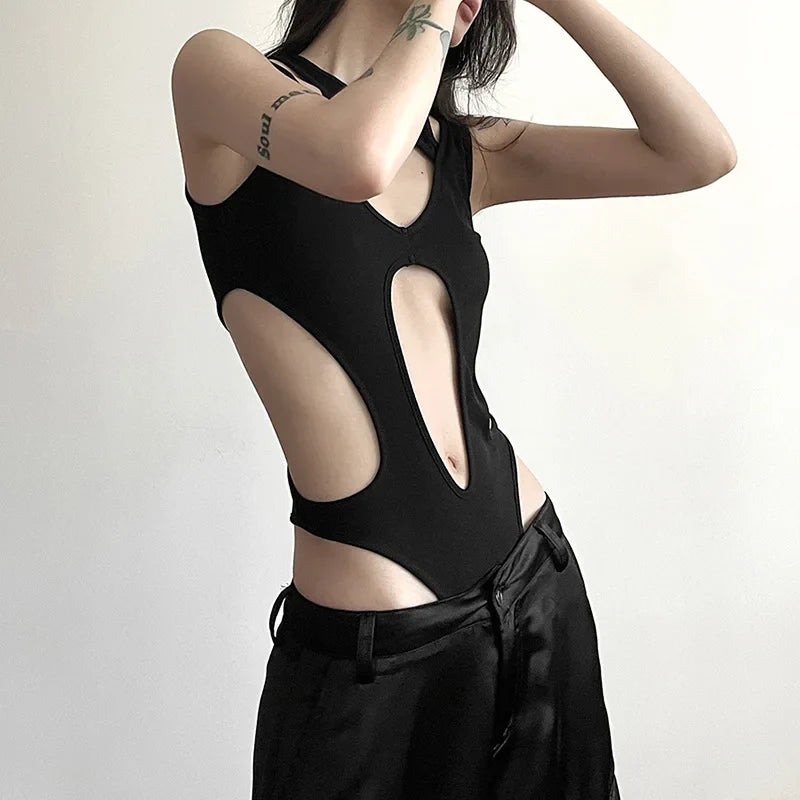 Gothic Hollow Out Patchwork Techwear Top