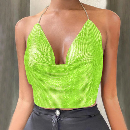Mesh Metal Backless Nightclub Halter Party Cami Top