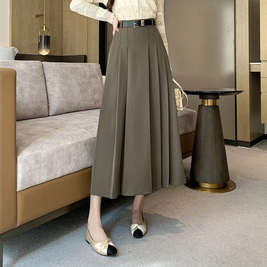 FashionSierra - Midi Women 2025 Spring Summer High Waist A-line Pleated Korean Casual Long Suit Ladies Fashion Umbrella Skirt