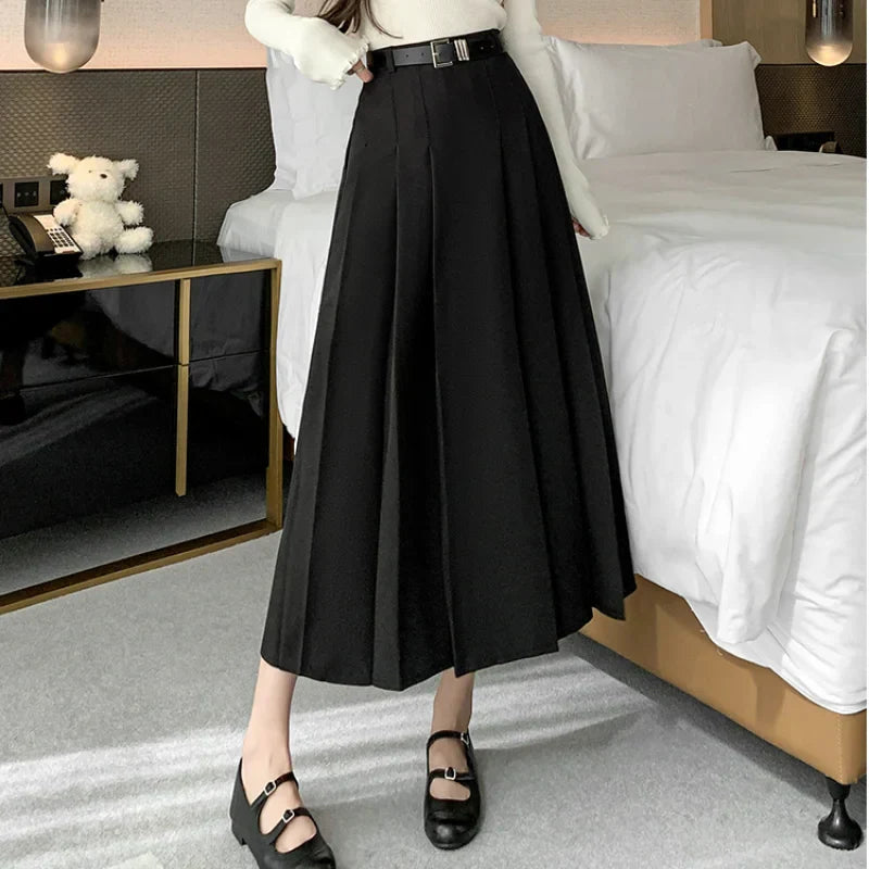 FashionSierra - Midi Women 2025 Spring Summer High Waist A-line Pleated Korean Casual Long Suit Ladies Fashion Umbrella Skirt