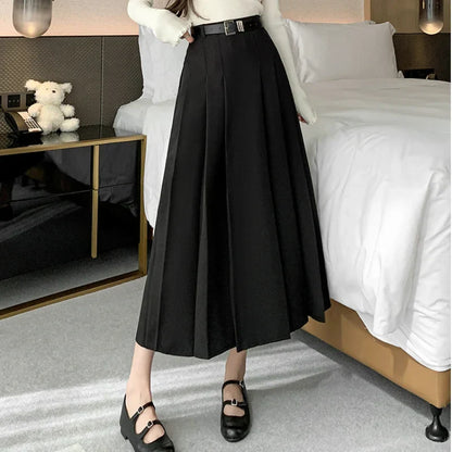 FashionSierra - Midi Women 2025 Spring Summer High Waist A-line Pleated Korean Casual Long Suit Ladies Fashion Umbrella Skirt