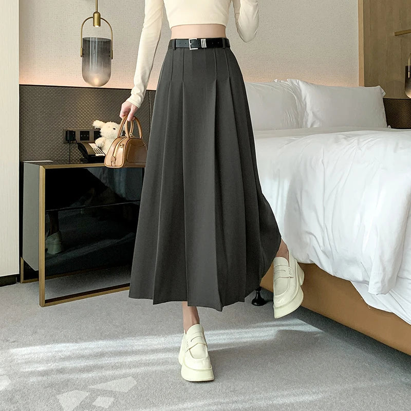FashionSierra - Midi Women 2025 Spring Summer High Waist A-line Pleated Korean Casual Long Suit Ladies Fashion Umbrella Skirt