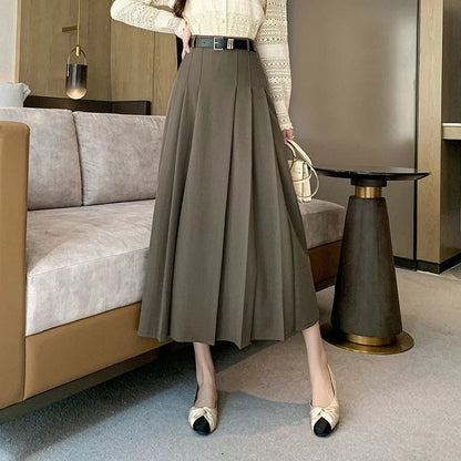 FashionSierra - Midi Women 2025 Spring Summer High Waist A-line Pleated Korean Casual Long Suit Ladies Fashion Umbrella Skirt