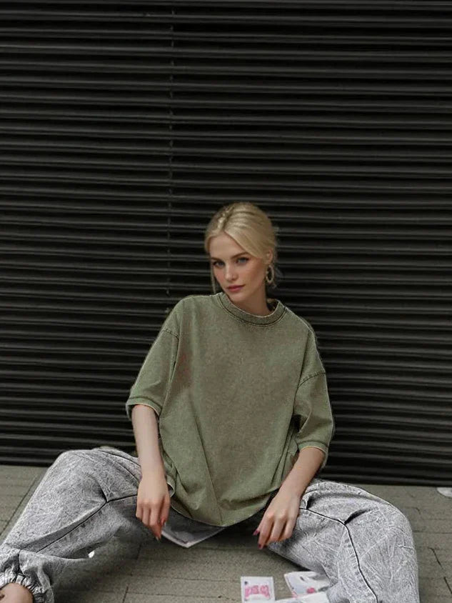 Loose Summer Old Casual Washed Minimalist Short Sleeve Cotton Women's T-shirt