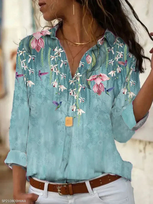 Blusa de manga larga con estampado floral moderno para mujer | Ideal para primavera/verano
