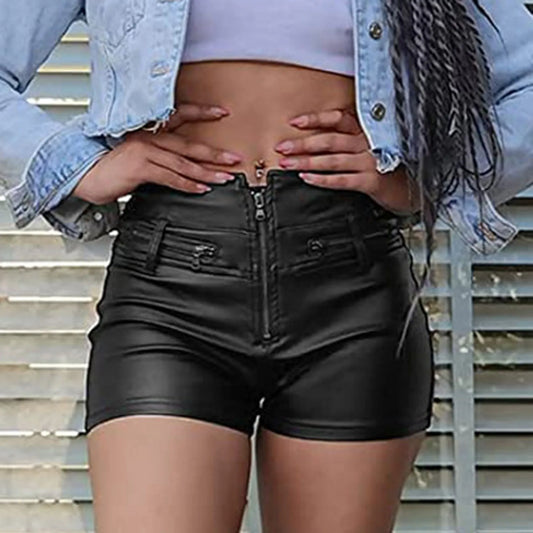 Motorcycle Coated Womens Casual Faux Leather High Waist Stretch Slim Hips pants slim fit trousers 2025 Short