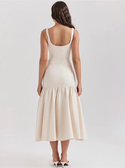 Backless Maxi Fishtail Dress For Women Gown Fashion Square Collar Sleeveless Loose Pleated Long Dress Elegant Dresses