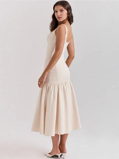 Backless Maxi Fishtail Dress For Women Gown Fashion Square Collar Sleeveless Loose Pleated Long Dress Elegant Dresses