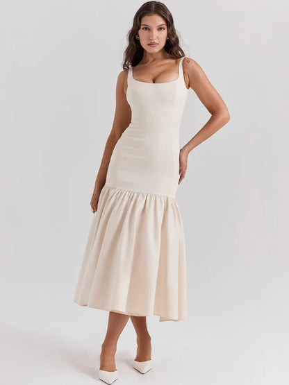 Backless Maxi Fishtail Dress For Women Gown Fashion Square Collar Sleeveless Loose Pleated Long Dress Elegant Dresses