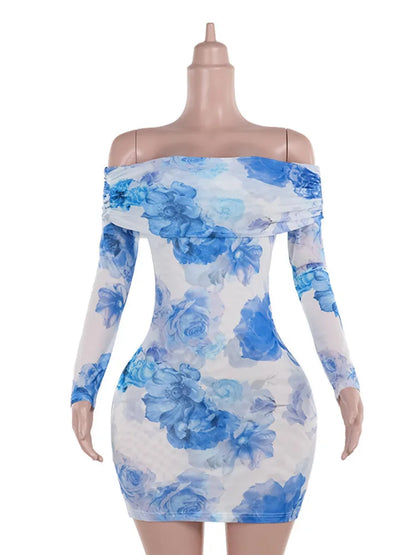 Blue Floral Print Sexy Mini Dress For Women Autumn New Off-shoulder Backless Long Sleeve High Waist Sexy Party Dress