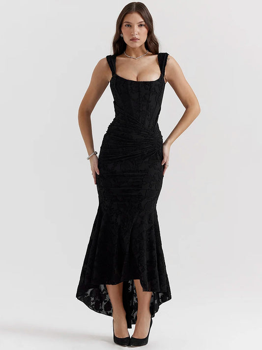 Elegant Backless Pleated Sexy Maxi Dress For Women Off-shoulder Spaghetti Strap Sleeveless Bodycon Club Party Dress