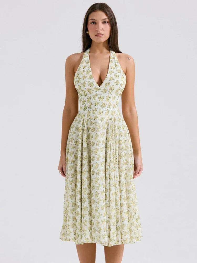 FashionSierra Halter Sleeveless A-line Pleated Club Party Floral Dress