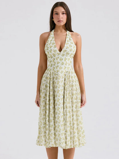 FashionSierra Halter Sleeveless A-line Pleated Club Party Floral Dress