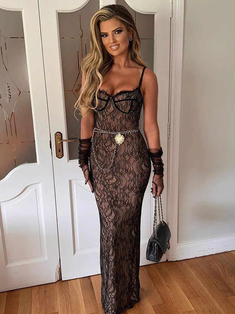 FashionSierra Lace Maxi Sleeveless Bodycon Evening Floral Dress