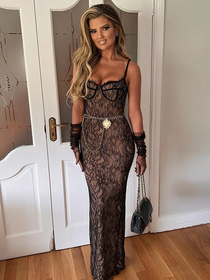 FashionSierra Lace Maxi Sleeveless Bodycon Evening Floral Dress