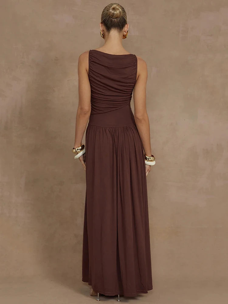 Elegant Sleeveless Maxi Dress For Women Fashion Solid Boat Neck Tank Dresses Ladies Sexy Ruched Long Dress New Gown