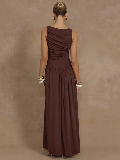 Elegant Sleeveless Maxi Dress For Women Fashion Solid Boat Neck Tank Dresses Ladies Sexy Ruched Long Dress New Gown