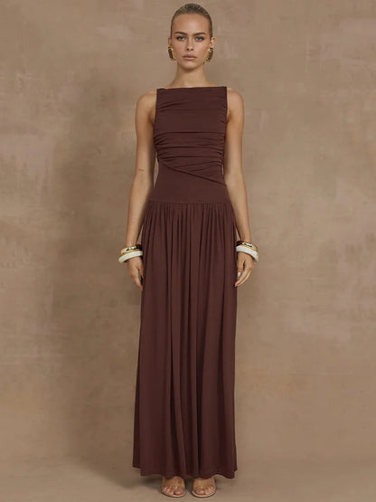 Elegant Sleeveless Maxi Dress For Women Fashion Solid Boat Neck Tank Dresses Ladies Sexy Ruched Long Dress New Gown