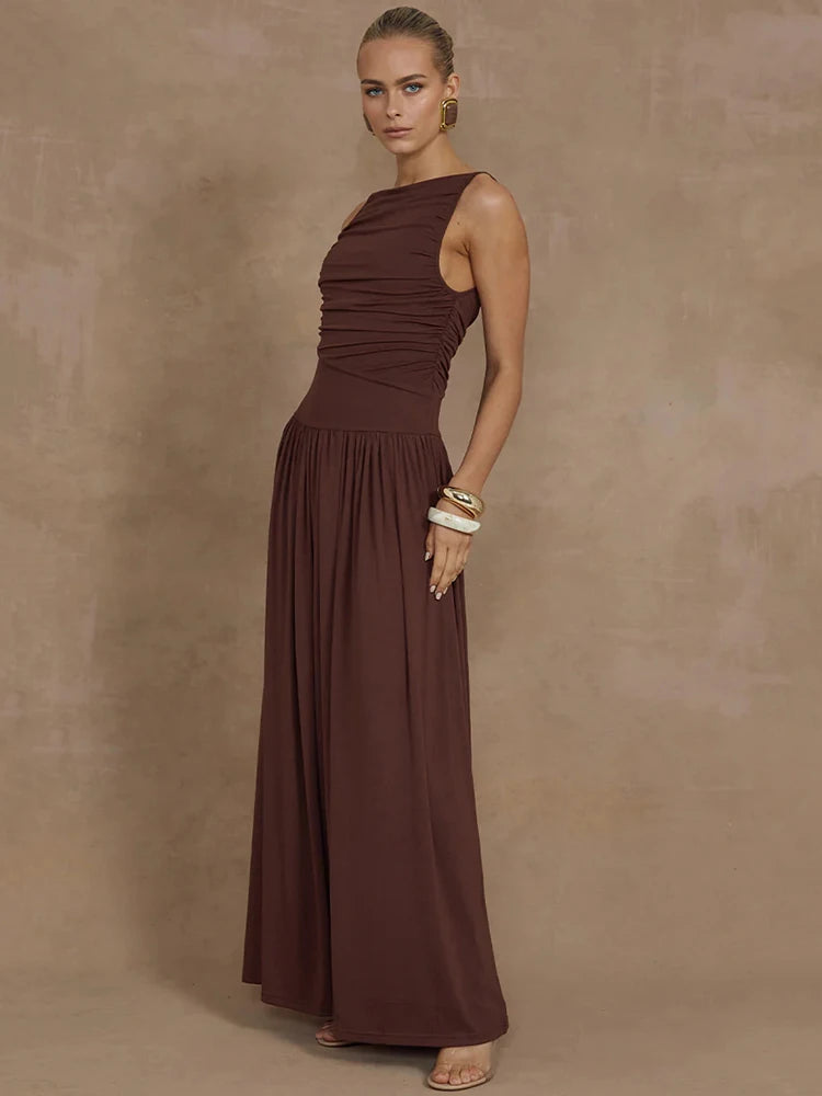 Elegant Sleeveless Maxi Dress For Women Fashion Solid Boat Neck Tank Dresses Ladies Sexy Ruched Long Dress New Gown