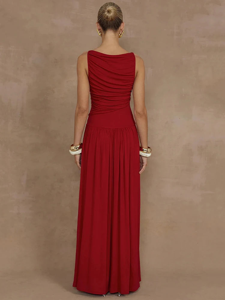 Elegant Sleeveless Maxi Dress For Women Fashion Solid Boat Neck Tank Dresses Ladies Sexy Ruched Long Dress New Gown