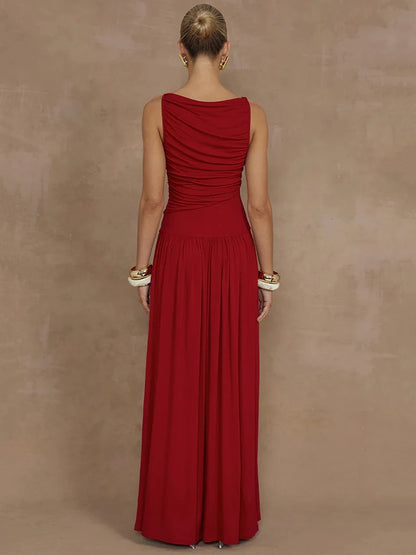 Elegant Sleeveless Maxi Dress For Women Fashion Solid Boat Neck Tank Dresses Ladies Sexy Ruched Long Dress New Gown