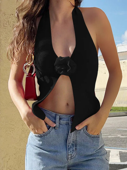 Flower Decoration Knit Halter V Neck Sleeveless Backless Party Club Cami Top